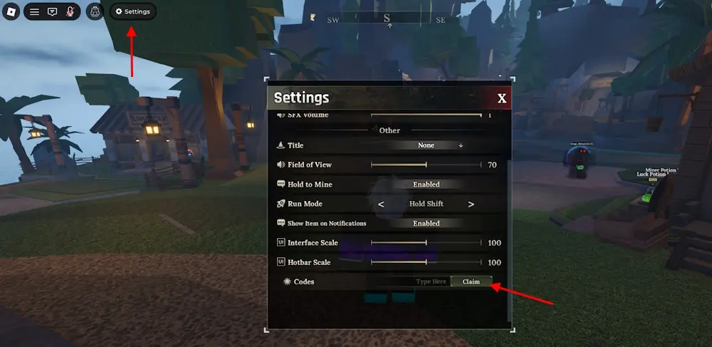How to redeem codes in The Forge - Settings menu showing the Codes input field